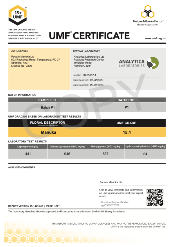 UMF 15+ Certificate